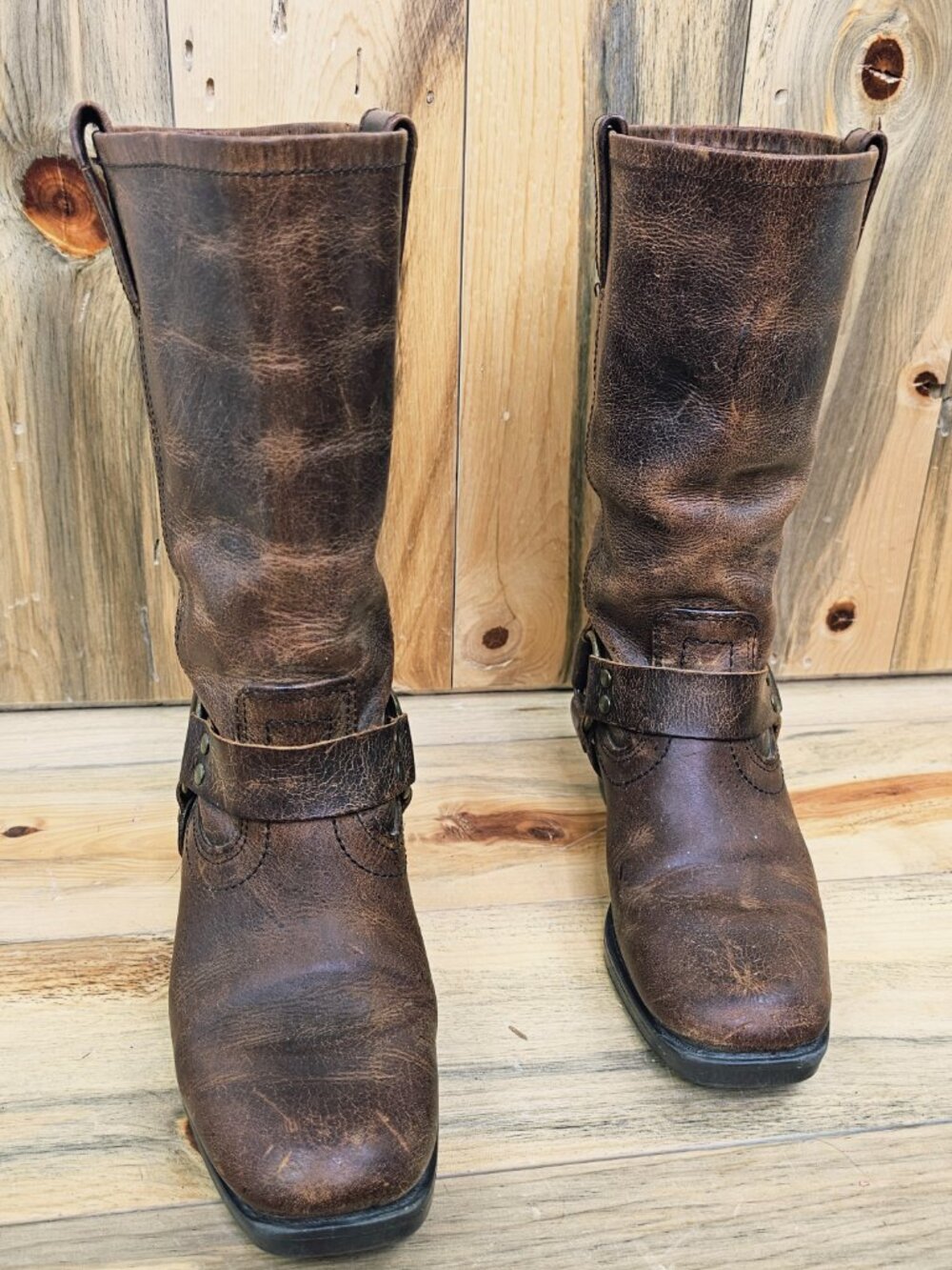 Mossimo Supply Co. Moto Brown Leather Distressed Harness Boots Size 6 - Picture 2 of 7